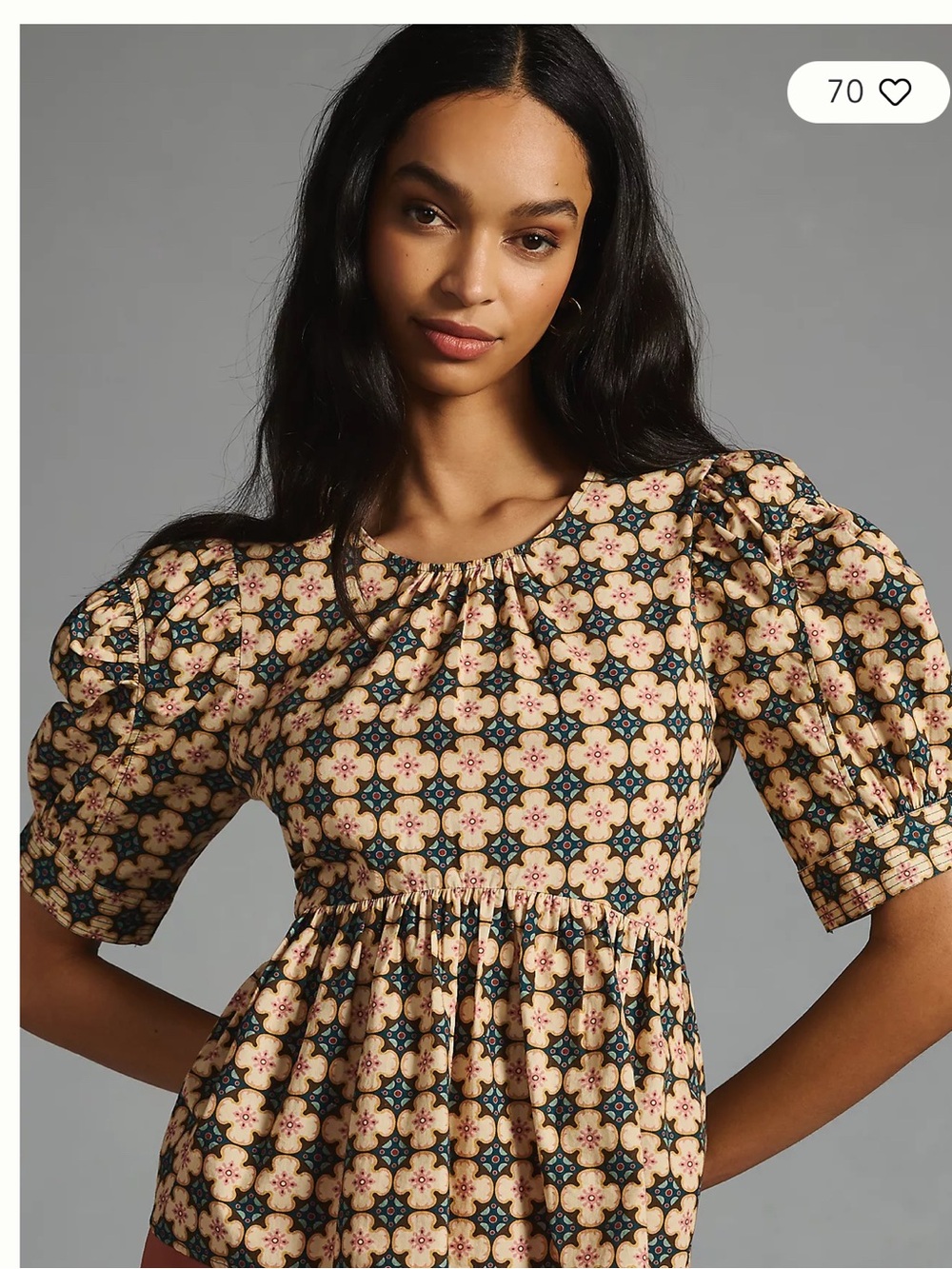 Anthropologie Puff-Sleeve Floral Peplum Tunic - Beige, Black, Teal